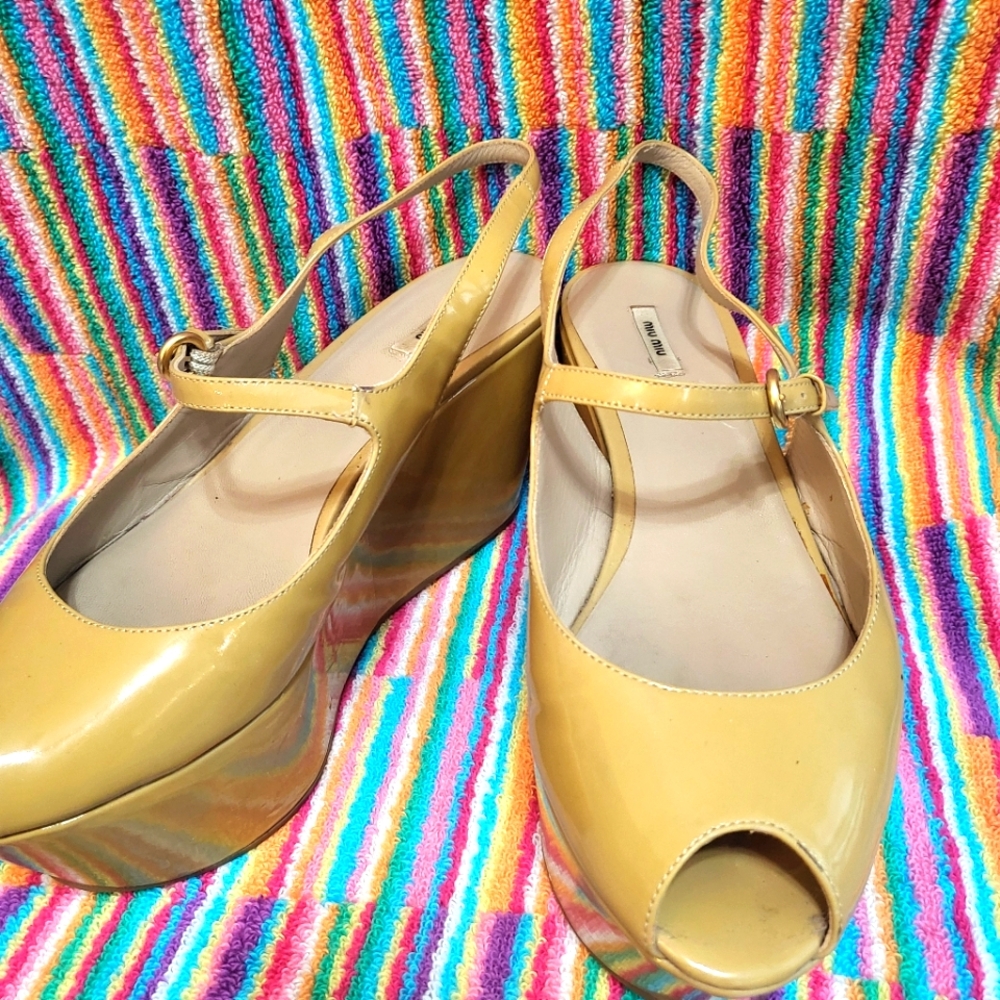 Miu Miu Patent Leather Nude Platform Sandals 37.5 Size 7 Size 8